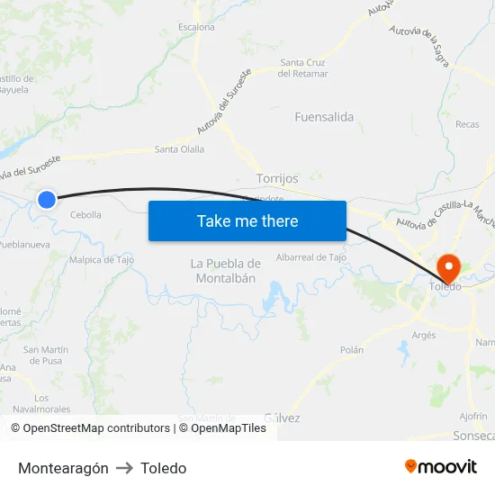 Montearagón to Toledo map