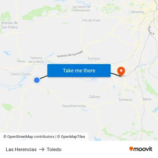 Las Herencias to Toledo map