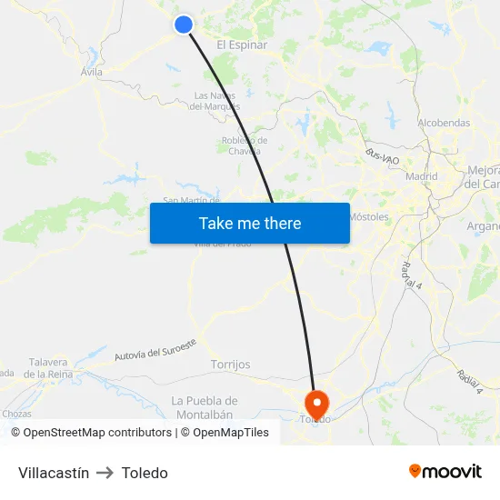 Villacastín to Toledo map
