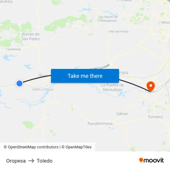 Oropesa to Toledo map