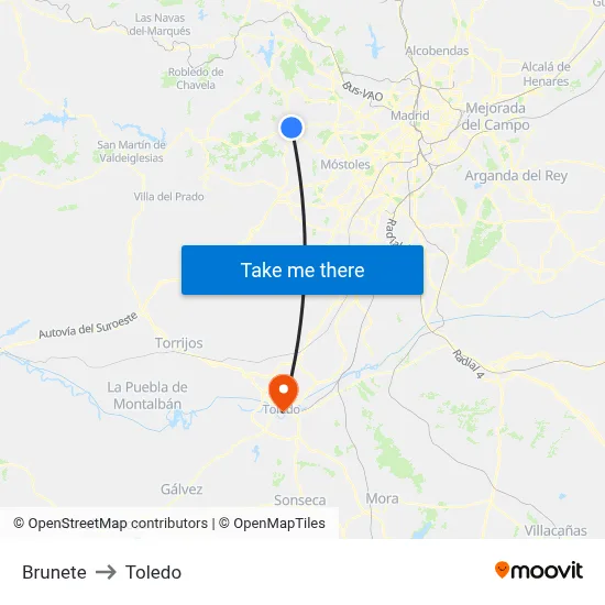 Brunete to Toledo map