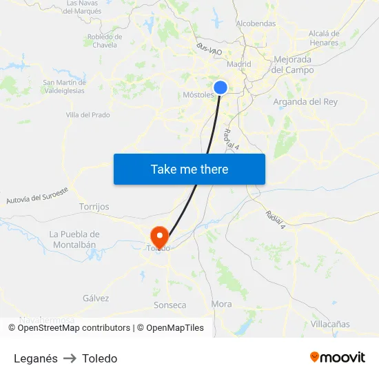 Leganés to Toledo map