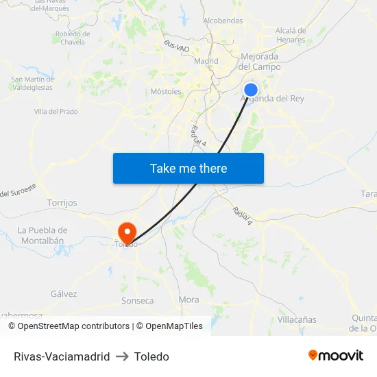 Rivas-Vaciamadrid to Toledo map