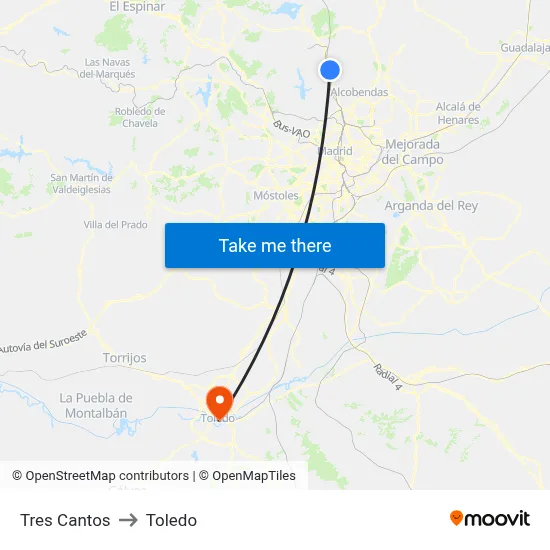 Tres Cantos to Toledo map