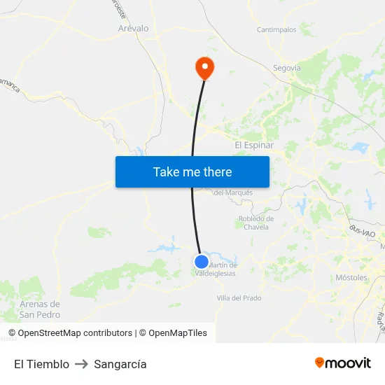 El Tiemblo to Sangarcía map
