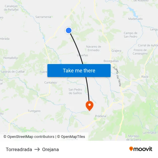 Torreadrada to Orejana map