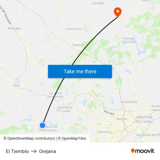 El Tiemblo to Orejana map