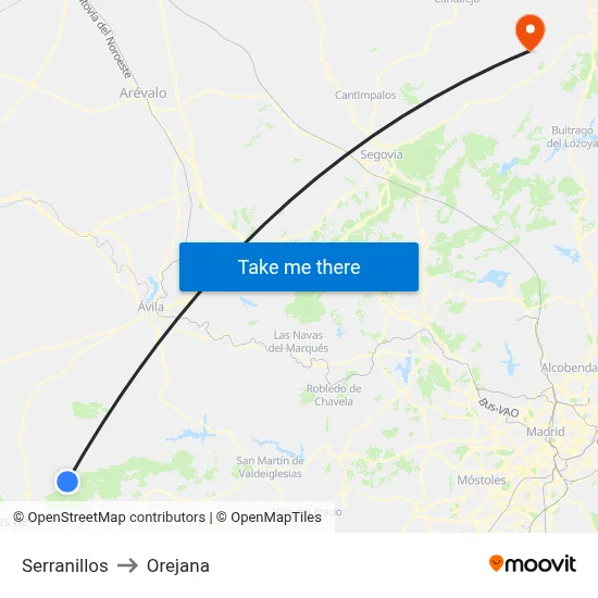 Serranillos to Orejana map