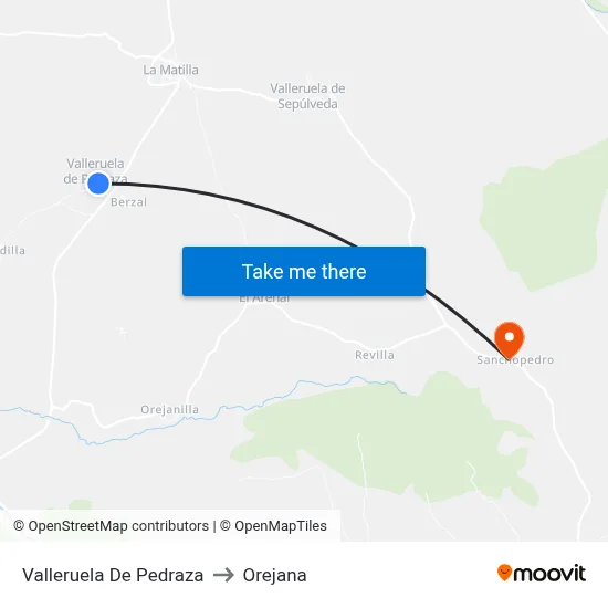 Valleruela De Pedraza to Orejana map