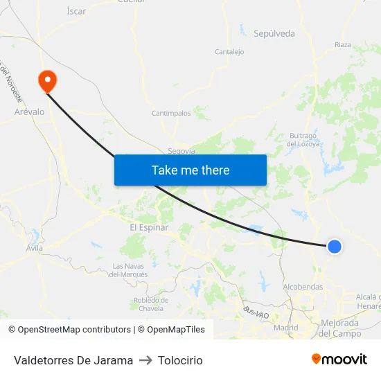 Valdetorres De Jarama to Tolocirio map