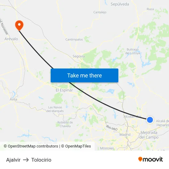 Ajalvir to Tolocirio map