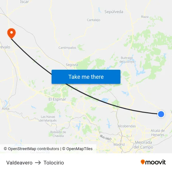 Valdeavero to Tolocirio map