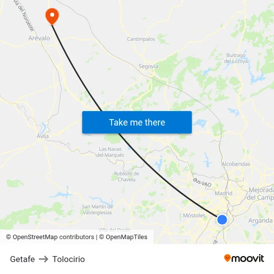Getafe to Tolocirio map