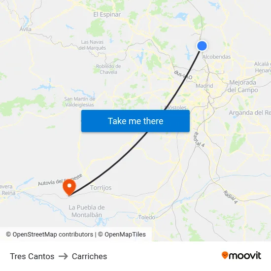 Tres Cantos to Carriches map