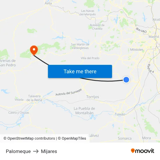 Palomeque to Mijares map