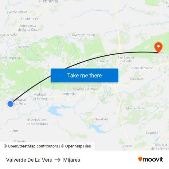 Valverde De La Vera to Mijares map