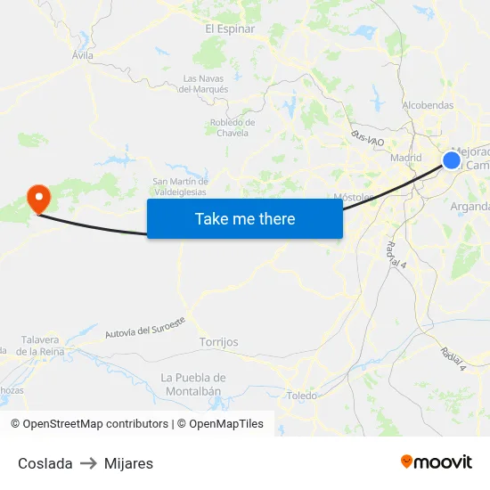 Coslada to Mijares map