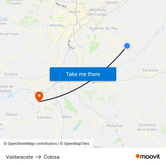 Valdaracete to Cobisa map