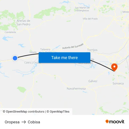 Oropesa to Cobisa map