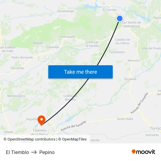 El Tiemblo to Pepino map
