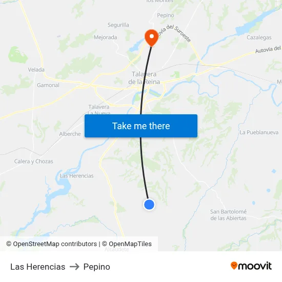Las Herencias to Pepino map