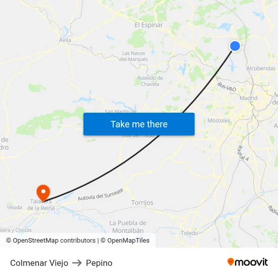 Colmenar Viejo to Pepino map