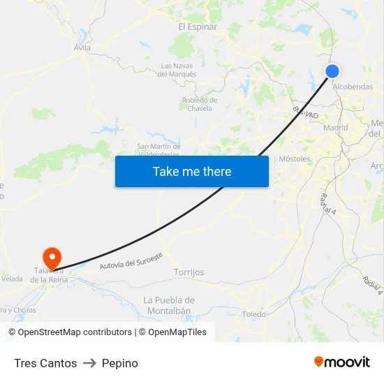 Tres Cantos to Pepino map
