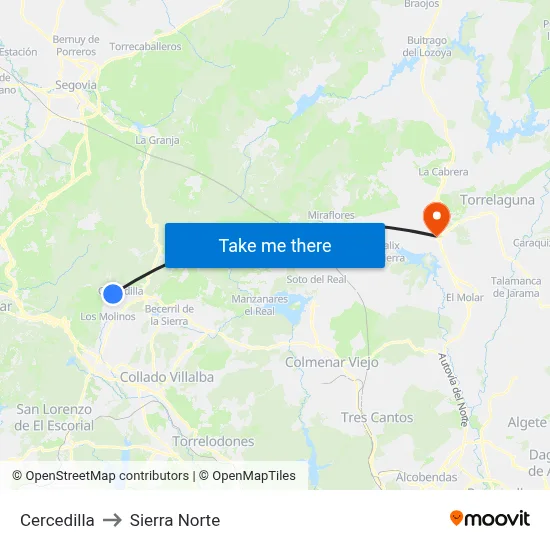 Cercedilla to Sierra Norte map