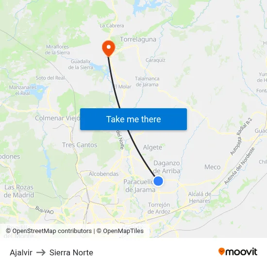 Ajalvir to Sierra Norte map