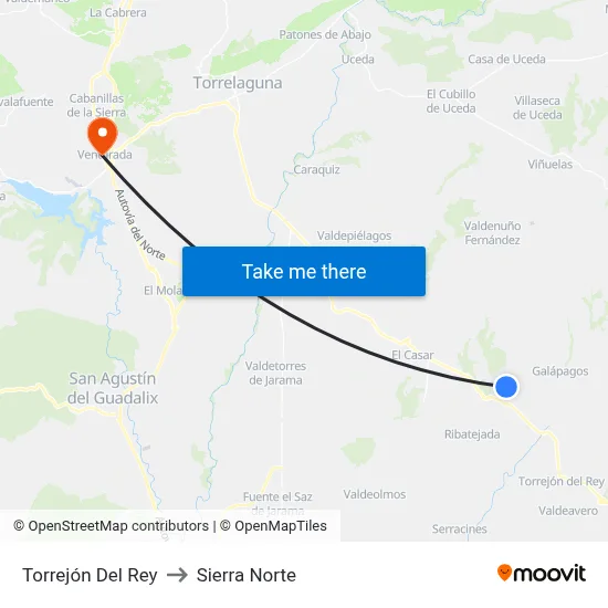 Torrejón Del Rey to Sierra Norte map