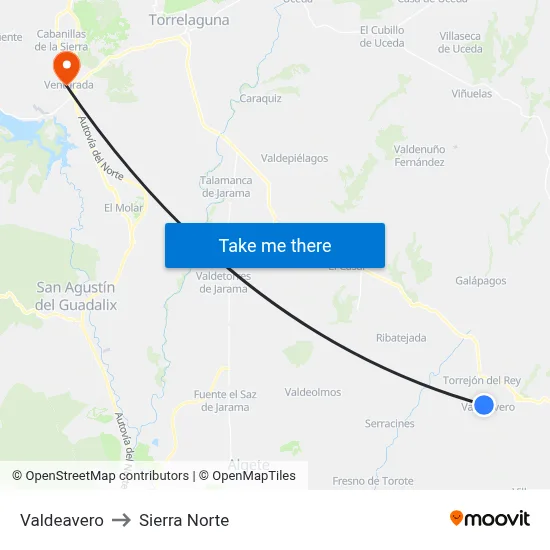 Valdeavero to Sierra Norte map
