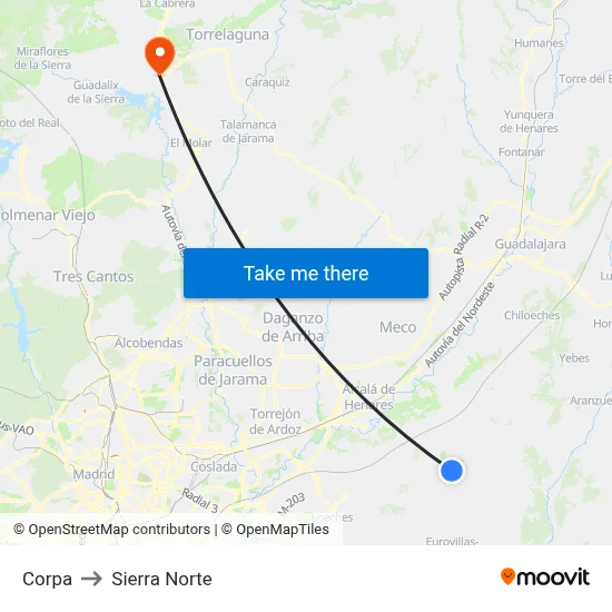 Corpa to Sierra Norte map
