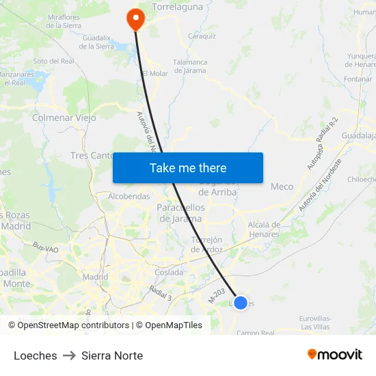 Loeches to Sierra Norte map
