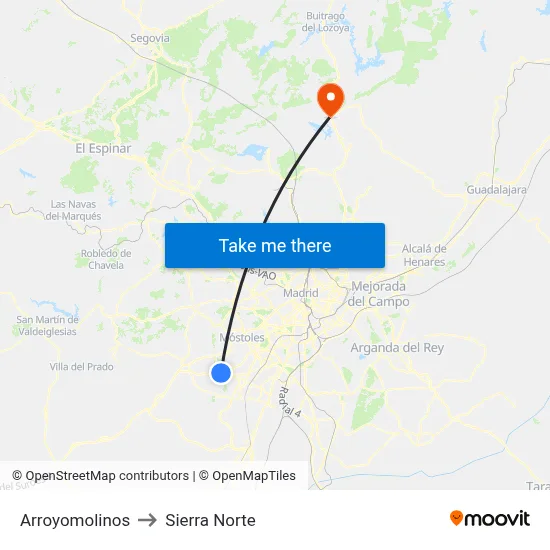 Arroyomolinos to Sierra Norte map