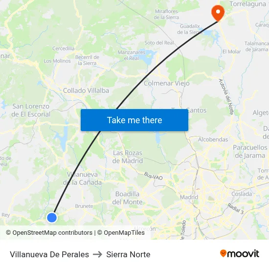 Villanueva De Perales to Sierra Norte map