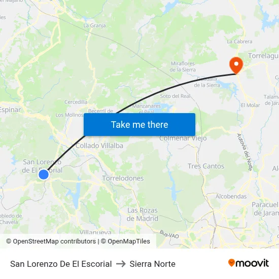San Lorenzo De El Escorial to Sierra Norte map