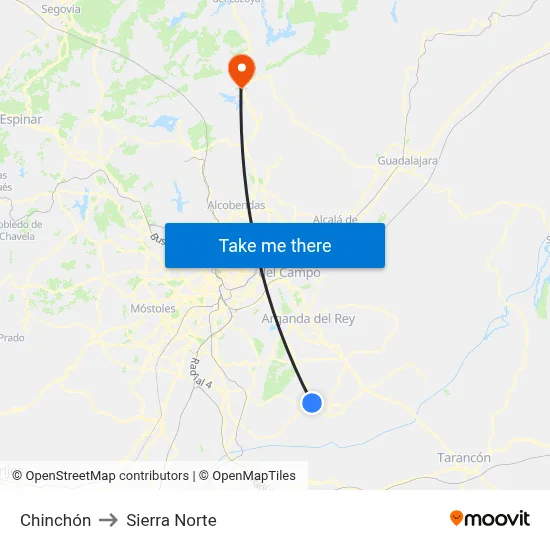 Chinchón to Sierra Norte map