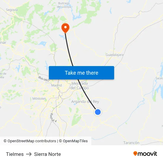 Tielmes to Sierra Norte map