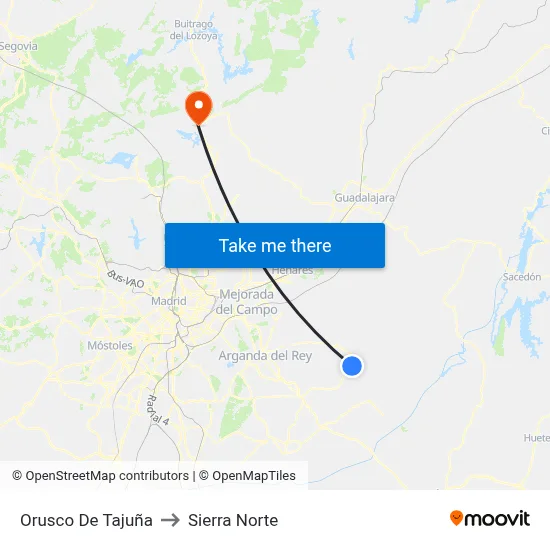 Orusco De Tajuña to Sierra Norte map