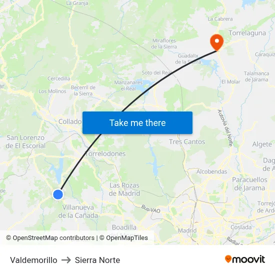 Valdemorillo to Sierra Norte map