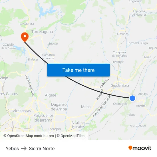 Yebes to Sierra Norte map