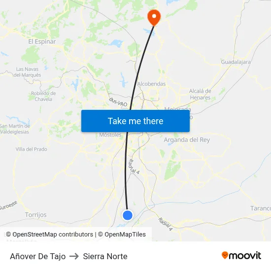 Añover De Tajo to Sierra Norte map