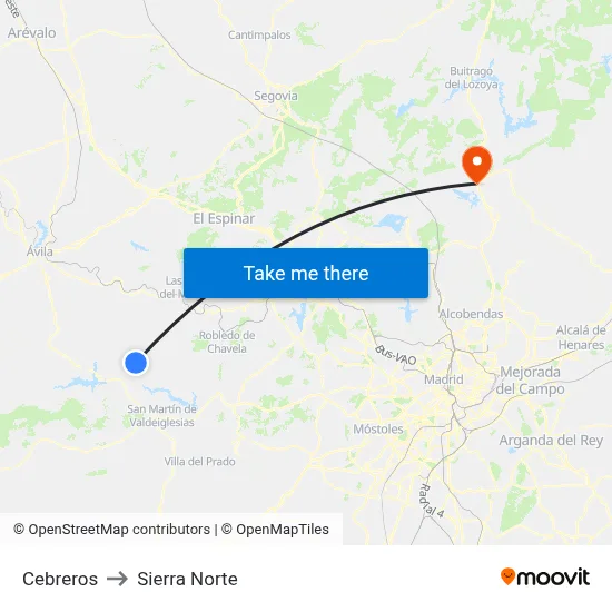 Cebreros to Sierra Norte map