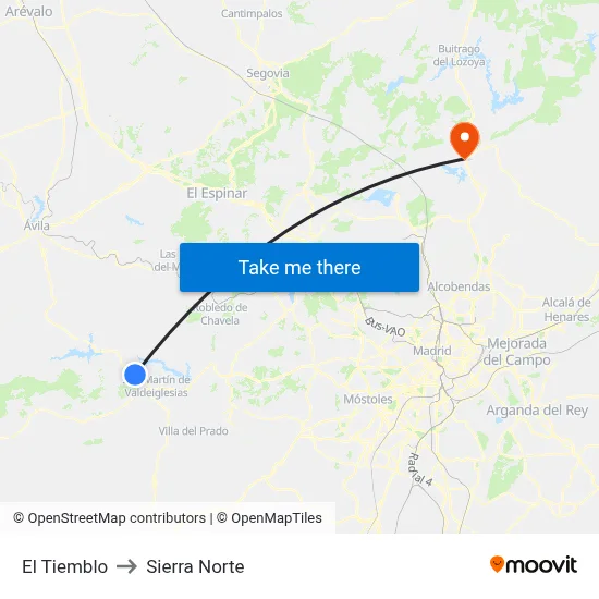 El Tiemblo to Sierra Norte map