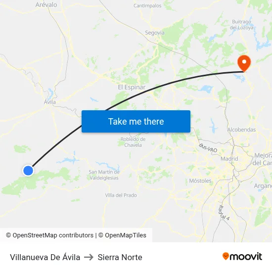 Villanueva De Ávila to Sierra Norte map
