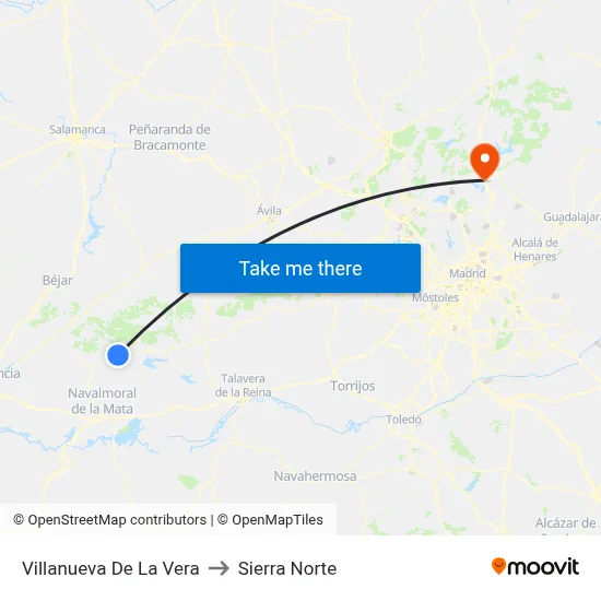 Villanueva De La Vera to Sierra Norte map