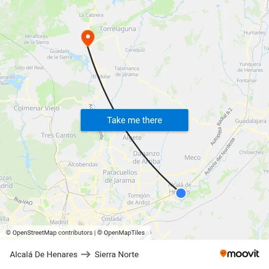 Alcalá De Henares to Sierra Norte map