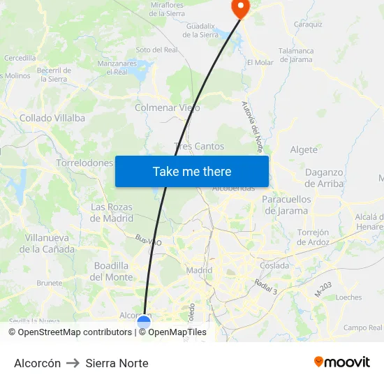 Alcorcón to Sierra Norte map