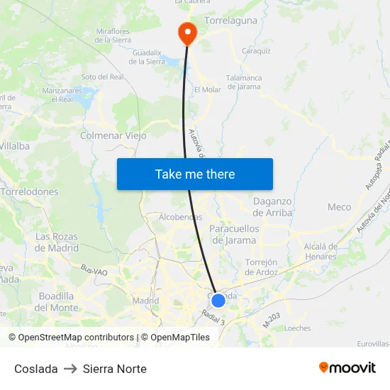 Coslada to Sierra Norte map