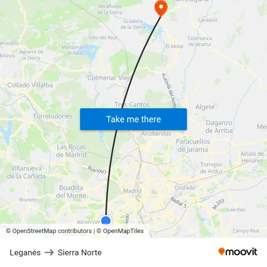 Leganés to Sierra Norte map